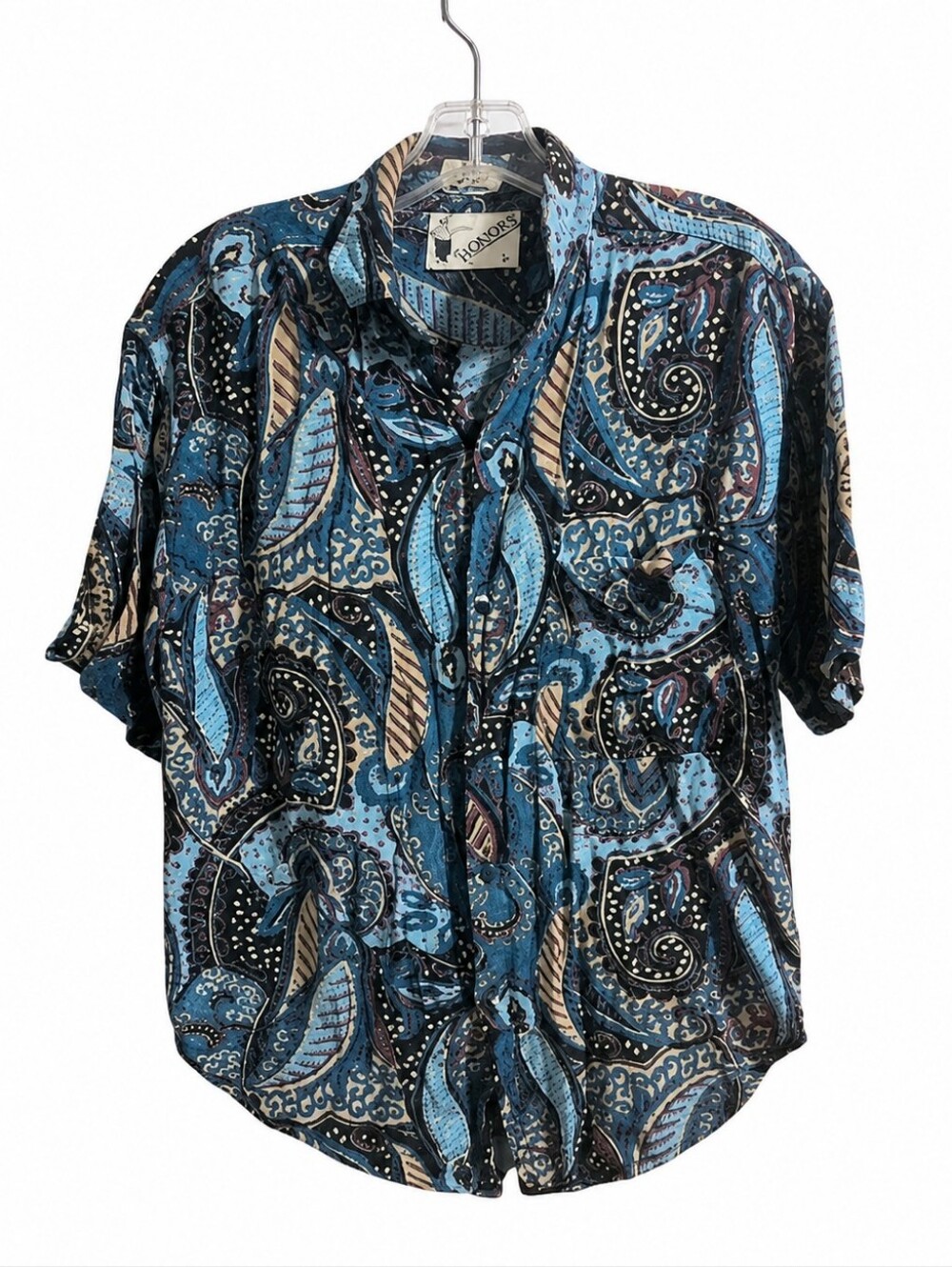 Vintage Goouch Men’s Large Blue Paisley Abstract Print Shirt Short Sleeve Button